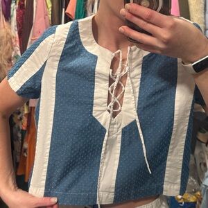 Blue and White Striped Lace-Up Top